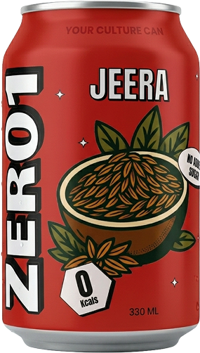 Red can of 'Jeera' with 'ZERO' branding and a bowl of spices on a red background