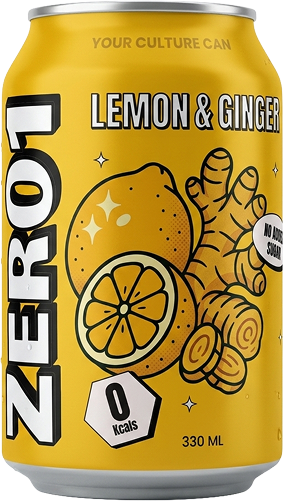 Yellow can of lemon and ginger drink with 'Zero' branding on a yellow background