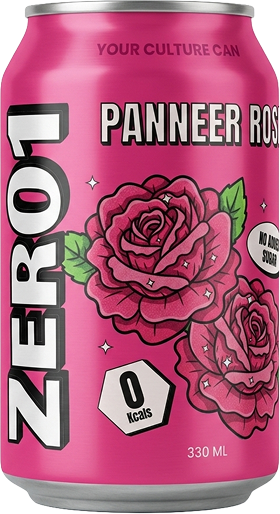 Pink can of 'Zero1 Panneer Rose' with a rose design and text on a white background